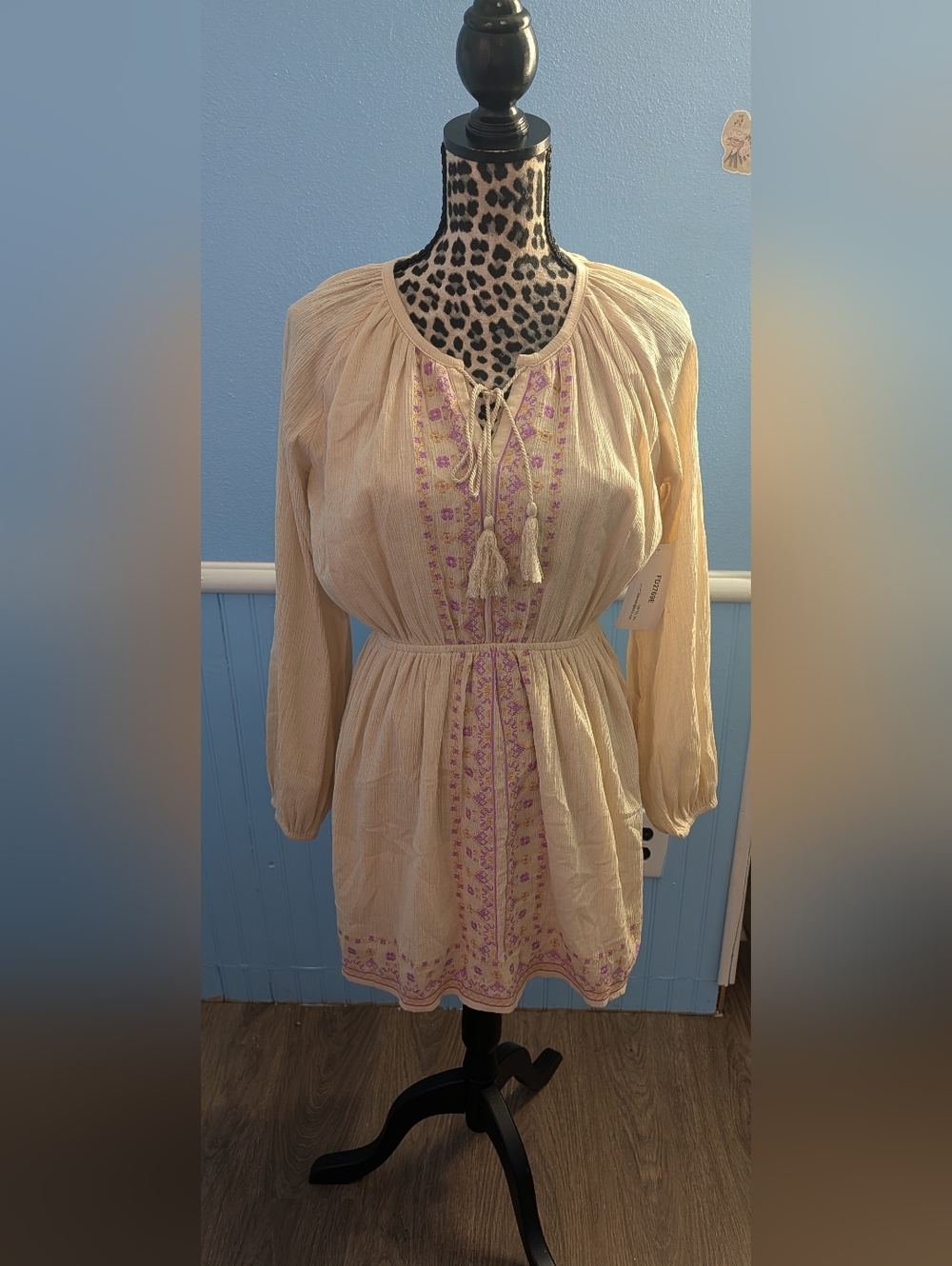 Anthropologie Long-Sleeve Embroidered Tunic Dress With Tassels